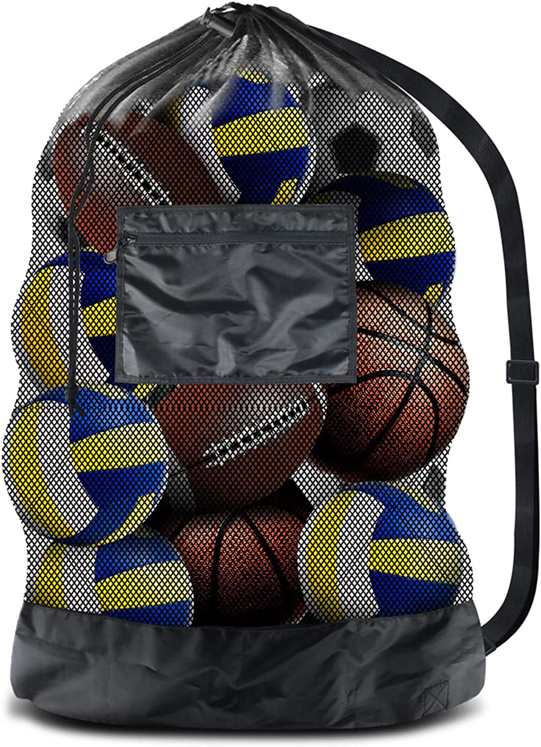 Thickened Extra Large Sports Ball Bag Mesh Socce Ball Bag Heavy Duty Drawstring Bags Team Work for Holding Basketball, Volleyball, Baseball, Swimming Gear with Shoulder Strap
