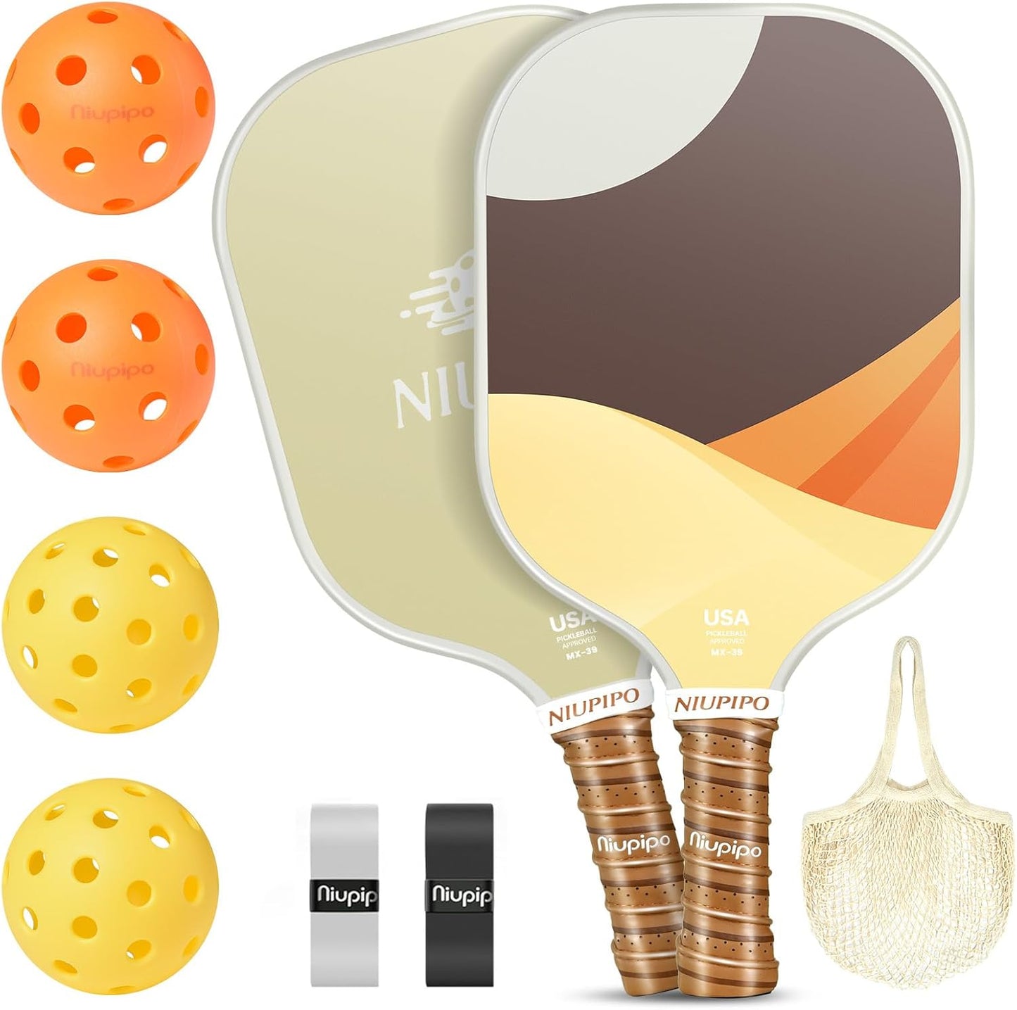 Pickleball Paddles Set of 2/4, USAPA Approved Lightweight Pickleball Rackets, Durable Fiberglass Surface with Polypropylene Honeycomb Core, Cushion Grip and Carry Bag