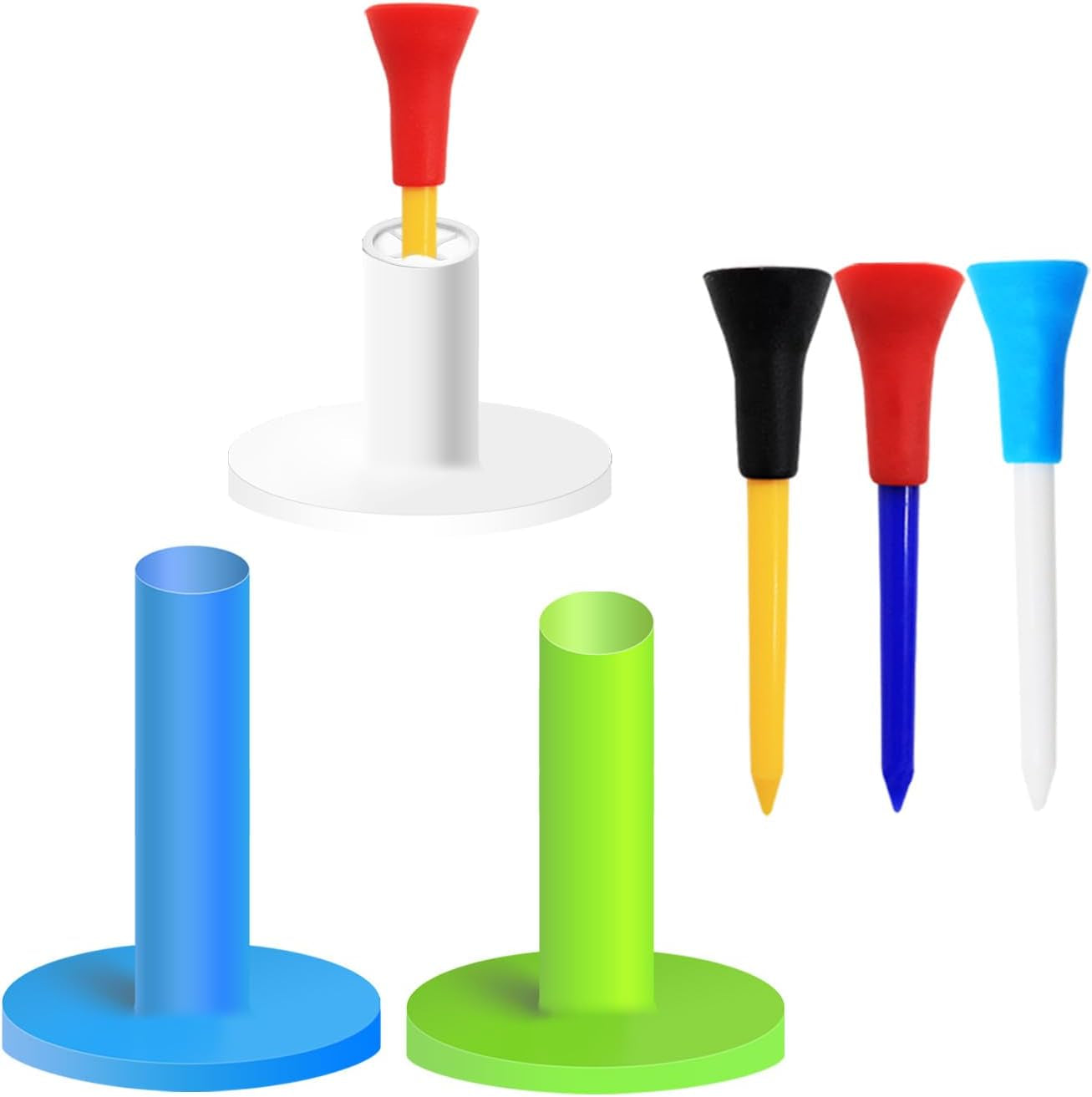 Golf Rubber Tees Value 6 Pack with 6 Plastic Tees 3 1/4 Inch, Driving Range Tee Easy to Find Stable Durable for Golf Mats Turf Practice, Mixed Size 1.5" 2.25" 2.75" 3" 3.13"