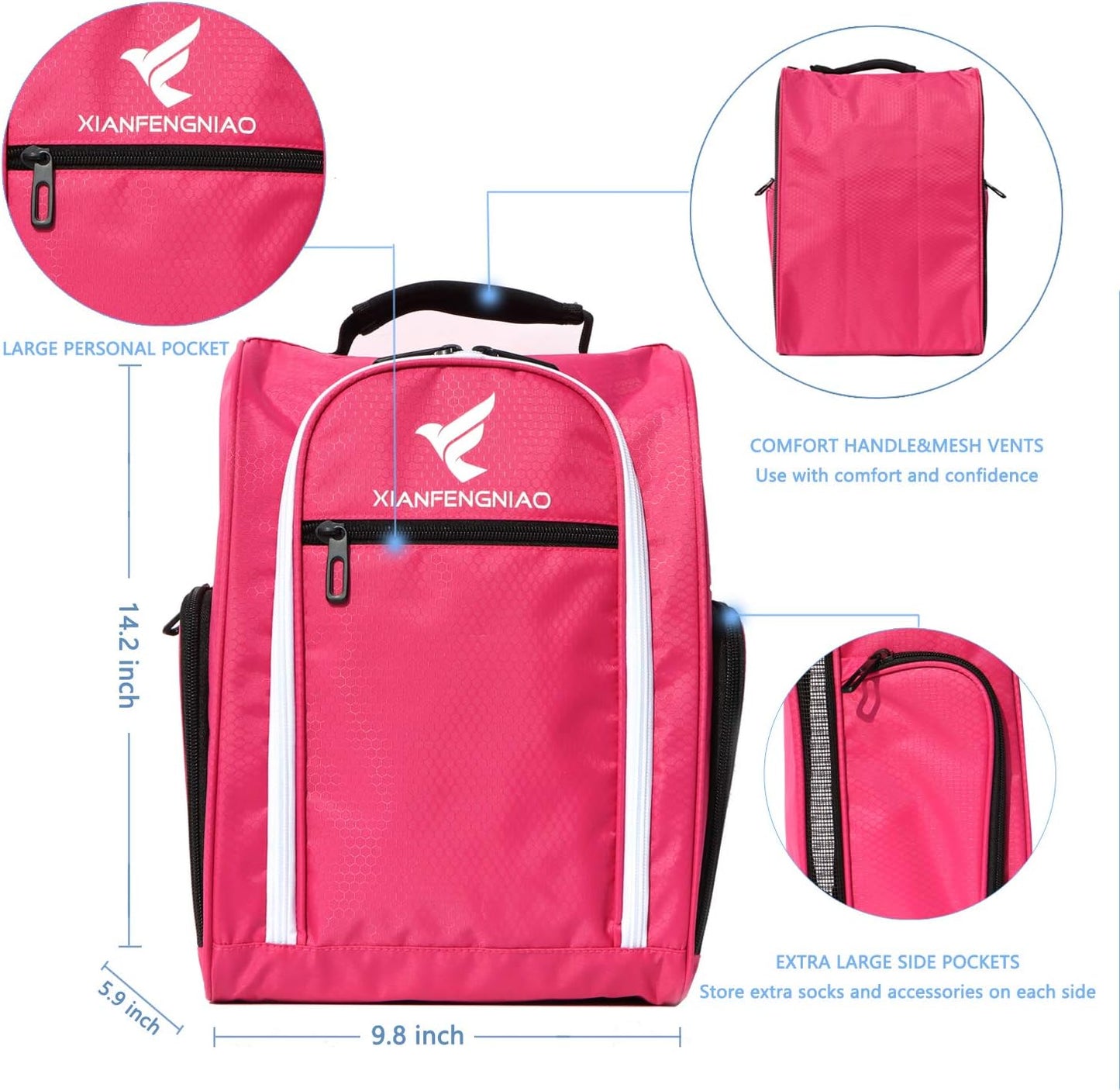 Golf Shoe Bag for Women,Zippered Golf Shoe Carrier Bag with Ventilation and 3 External Pockets for Golf Balls, Golf Glove, Tees and Other Golf Accessories(Red)