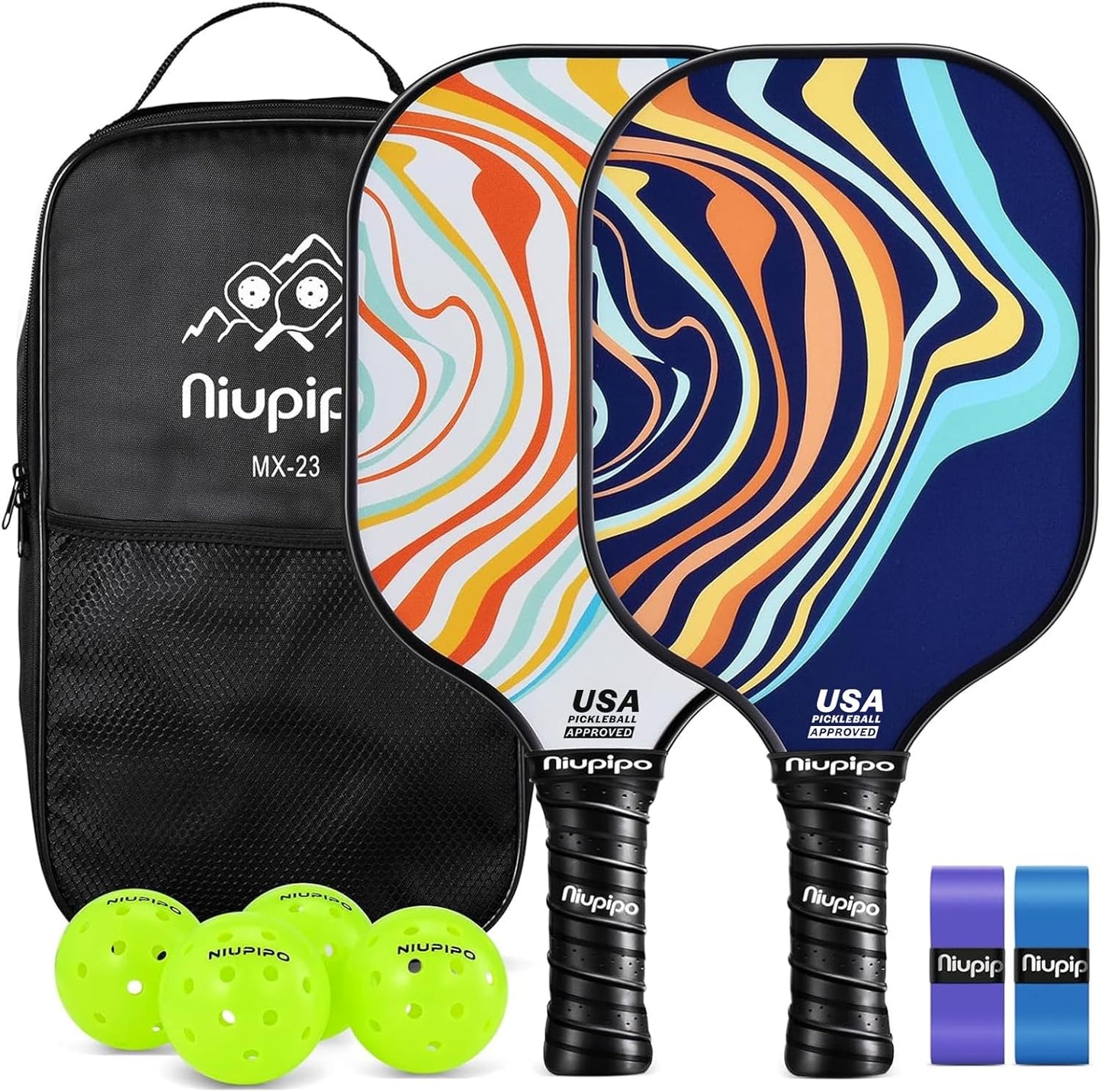 Pickleball Paddles Set of 2/4, USAPA Approved Lightweight Pickleball Rackets, Durable Fiberglass Surface with Polypropylene Honeycomb Core, Cushion Grip and Carry Bag