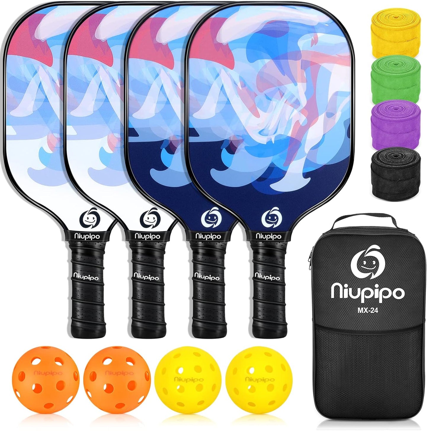 Pickleball Paddles Set of 2/4, USAPA Approved Lightweight Pickleball Rackets, Durable Fiberglass Surface with Polypropylene Honeycomb Core, Cushion Grip and Carry Bag