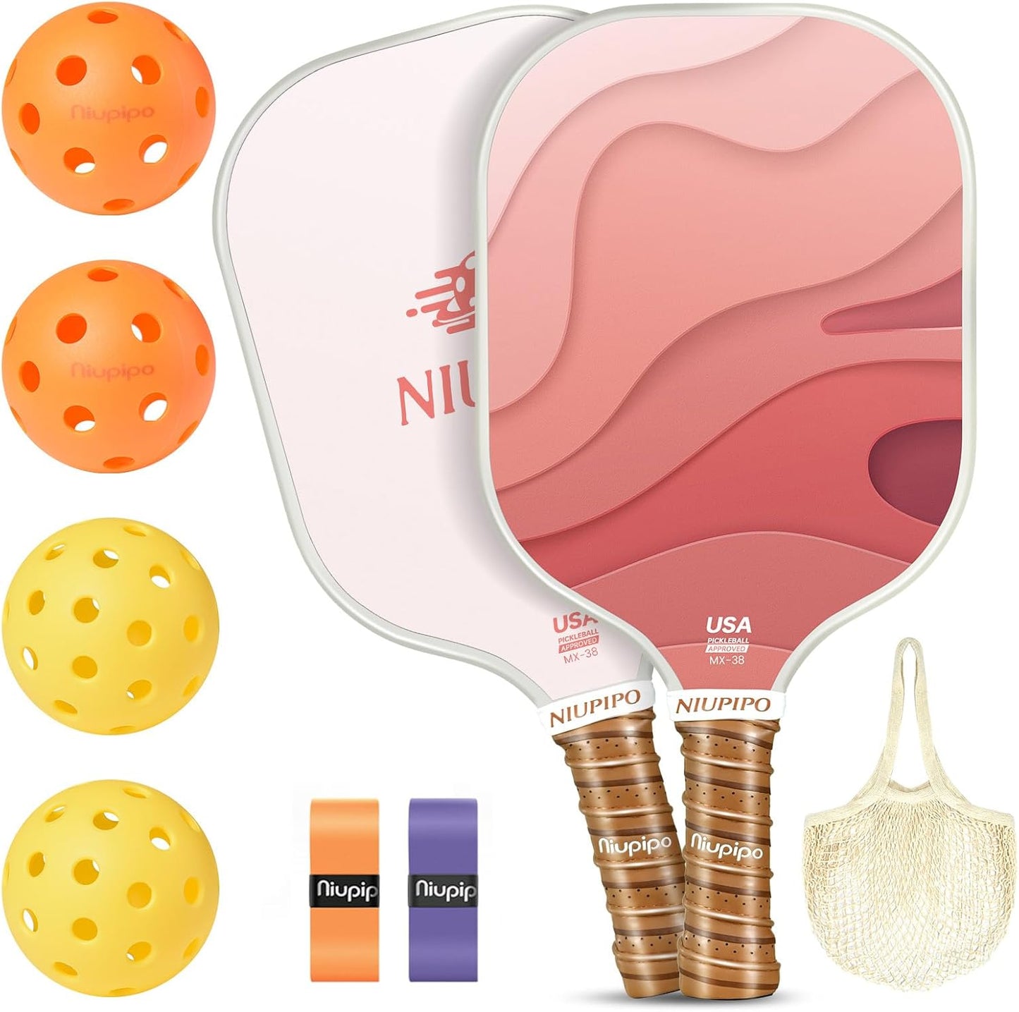 Pickleball Paddles Set of 2/4, USAPA Approved Lightweight Pickleball Rackets, Durable Fiberglass Surface with Polypropylene Honeycomb Core, Cushion Grip and Carry Bag