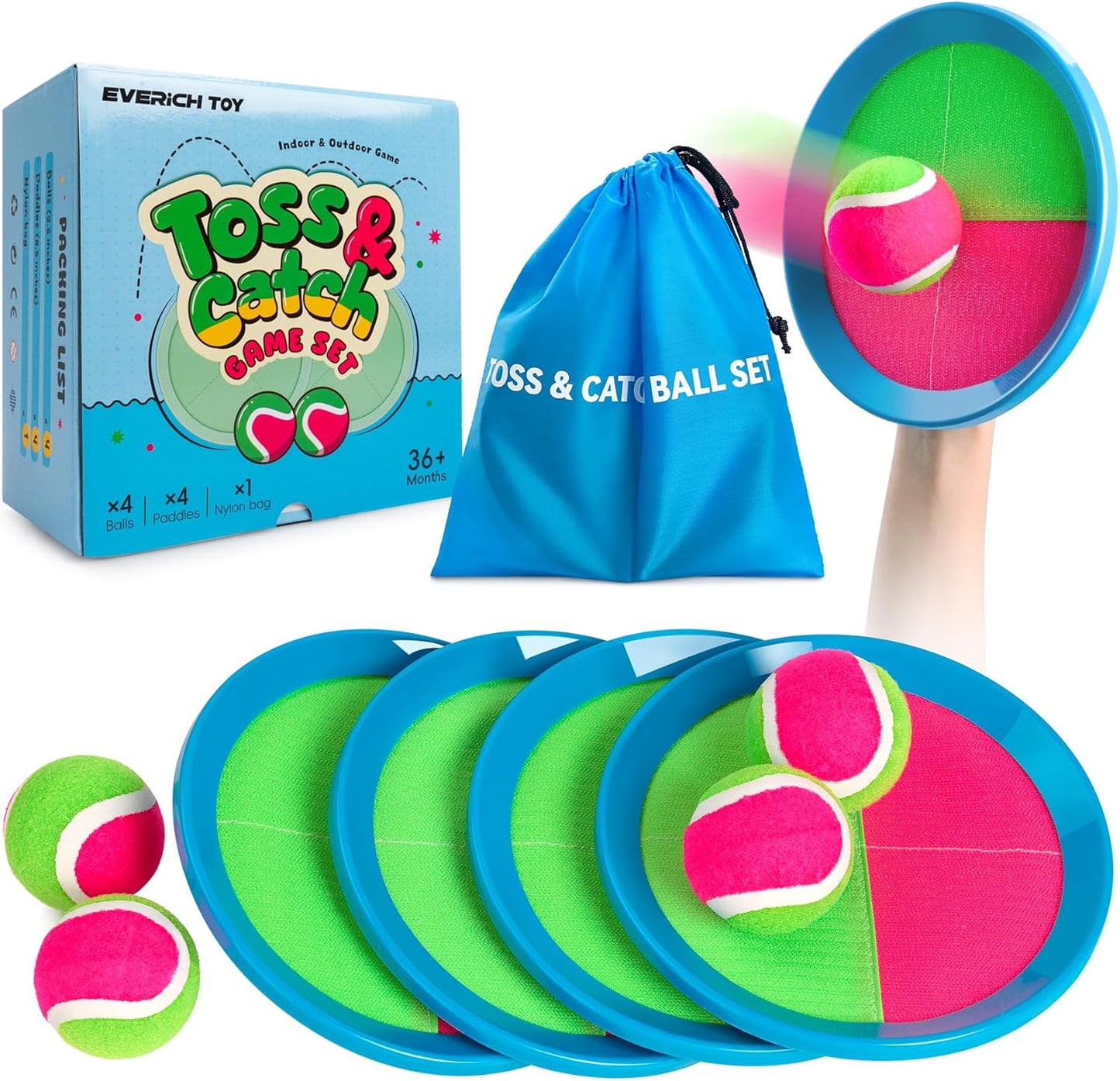 EVERICH Upgraded Toss and Catch Ball Game Set - Indoor and Outdoor Games for Kids 3-12, Beach Sand Pool Water Toy Includes 2 Paddles 2 Sticky Balls, Great Birthday Easter Gifts for Boys Girls