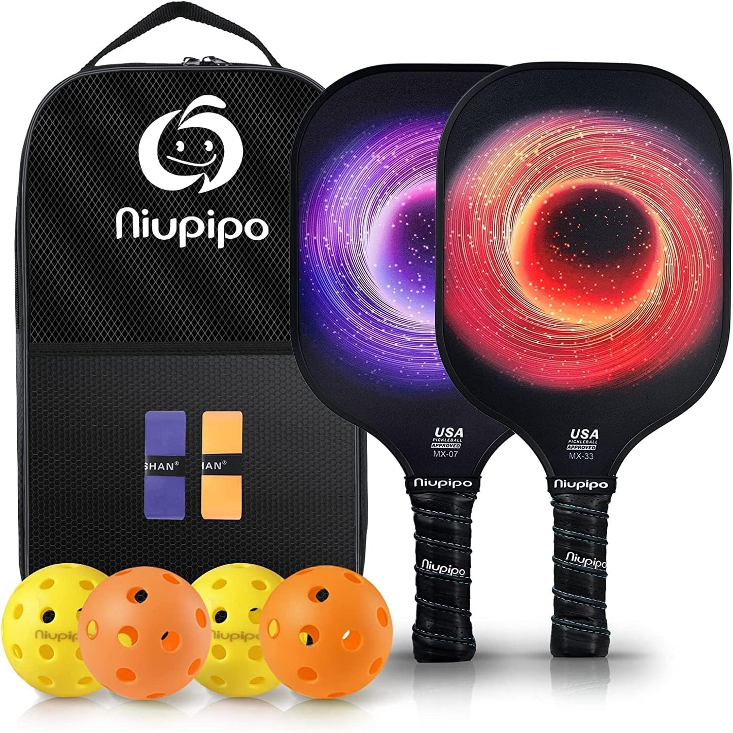 Pickleball Paddles Set of 2/4, USAPA Approved Lightweight Pickleball Rackets, Durable Fiberglass Surface with Polypropylene Honeycomb Core, Cushion Grip and Carry Bag