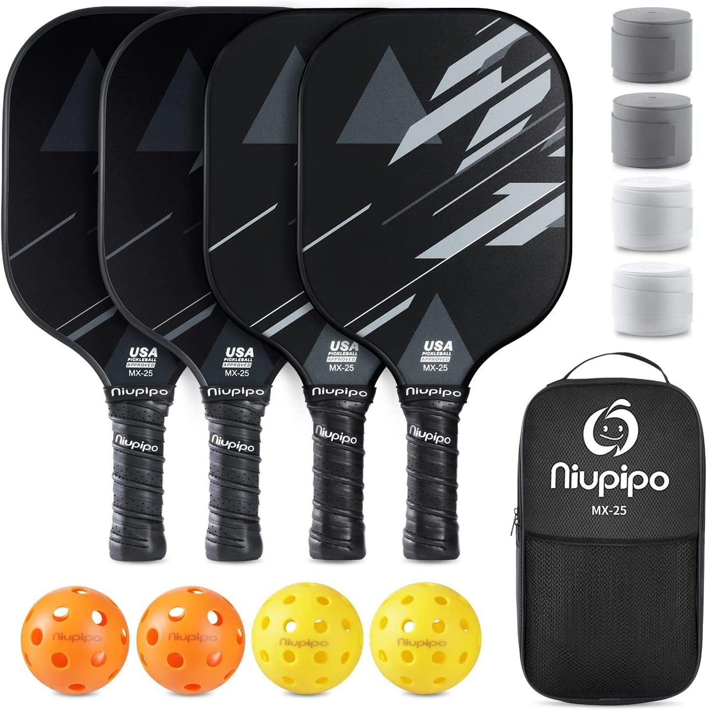 Pickleball Paddles Set of 2/4, USAPA Approved Lightweight Pickleball Rackets, Durable Fiberglass Surface with Polypropylene Honeycomb Core, Cushion Grip and Carry Bag