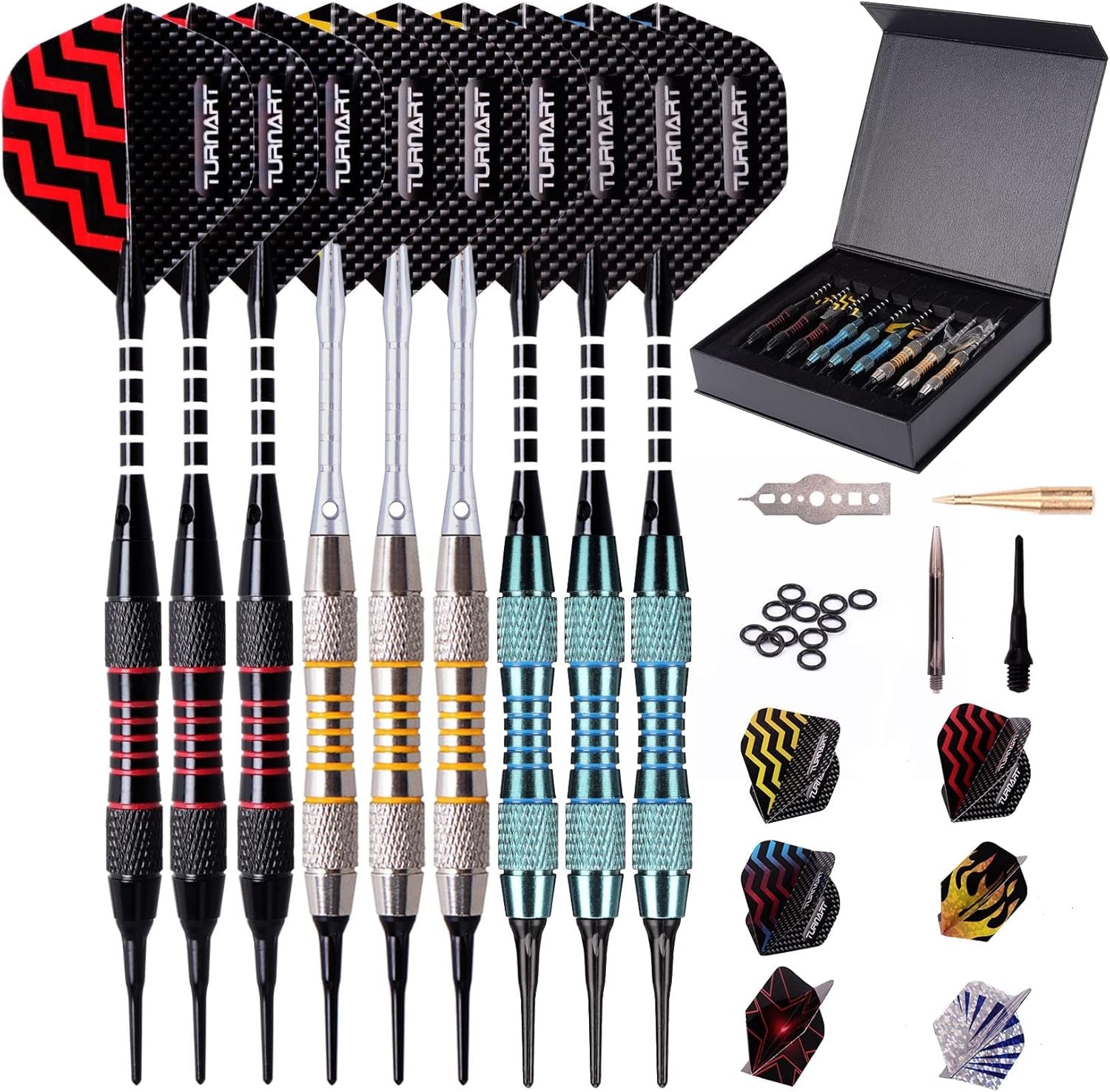Darts Plastic Tip - Professional Soft Tip Darts Set for Electronic Dartboard 9 Pcs 18 Grams with 50 Extra Tips 9 Shafts 27 Flights Tool Kit Flight Protectors and Gift Darts Case