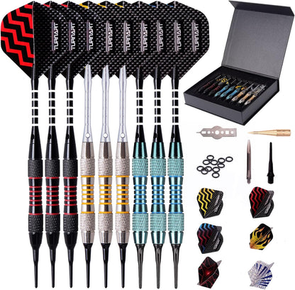 Darts Plastic Tip - Professional Soft Tip Darts Set for Electronic Dartboard 9 Pcs 18 Grams with 50 Extra Tips 9 Shafts 27 Flights Tool Kit Flight Protectors and Gift Darts Case