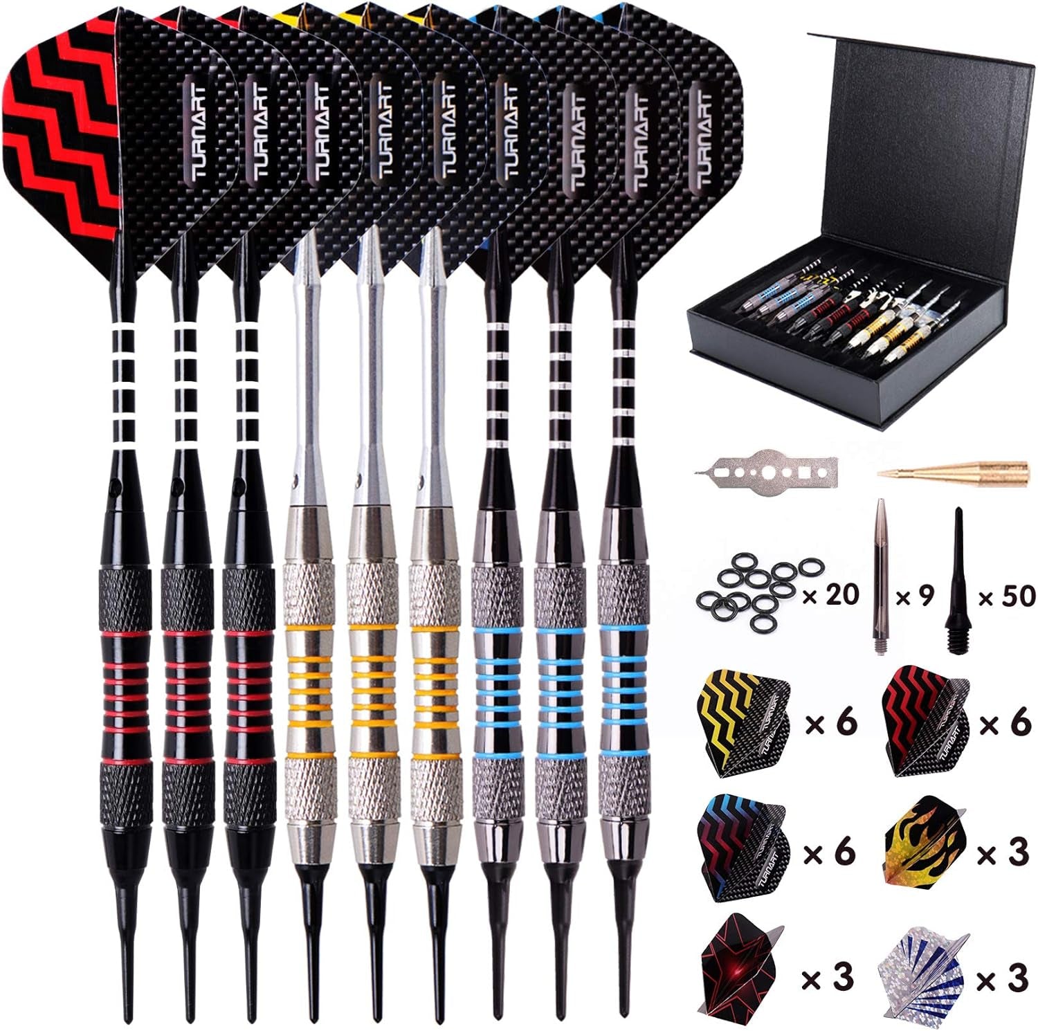 Darts Plastic Tip - Professional Soft Tip Darts Set for Electronic Dartboard 9 Pcs 18 Grams with 50 Extra Tips 9 Shafts 27 Flights Tool Kit Flight Protectors and Gift Darts Case