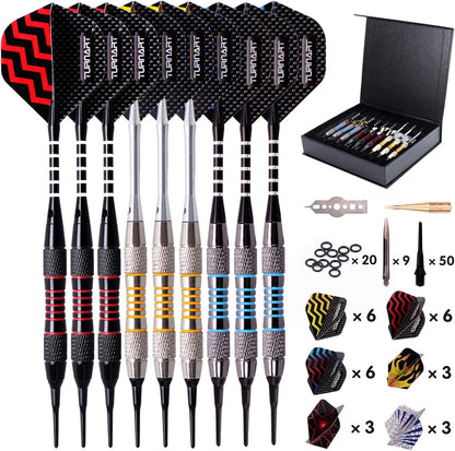Darts Plastic Tip - Professional Soft Tip Darts Set for Electronic Dartboard 9 Pcs 18 Grams with 50 Extra Tips 9 Shafts 27 Flights Tool Kit Flight Protectors and Gift Darts Case